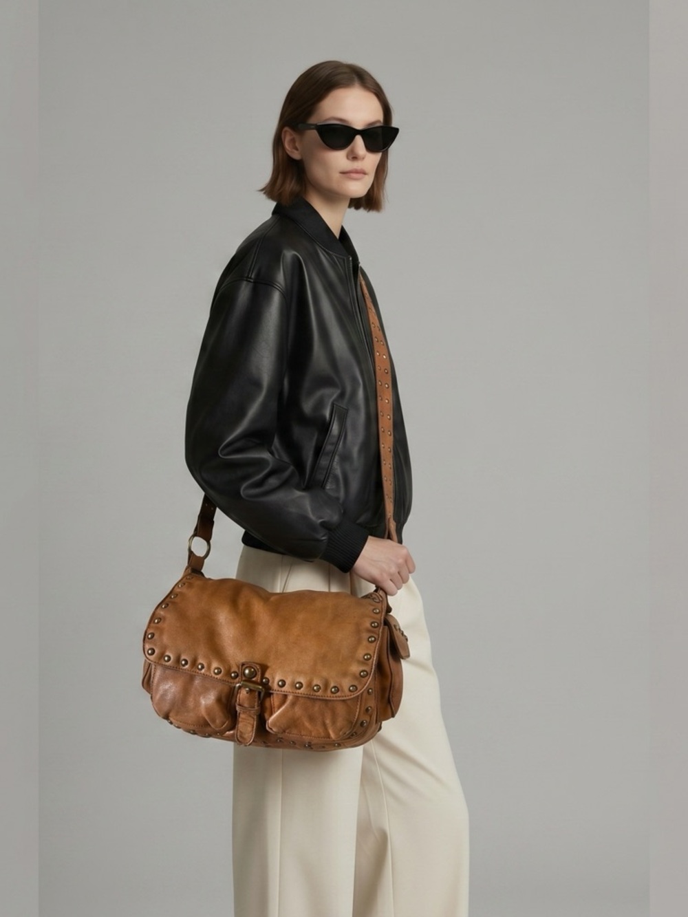 Vintage Linea Pelle Light Tan Leather Studded Leather BoHo Shoulder Bag